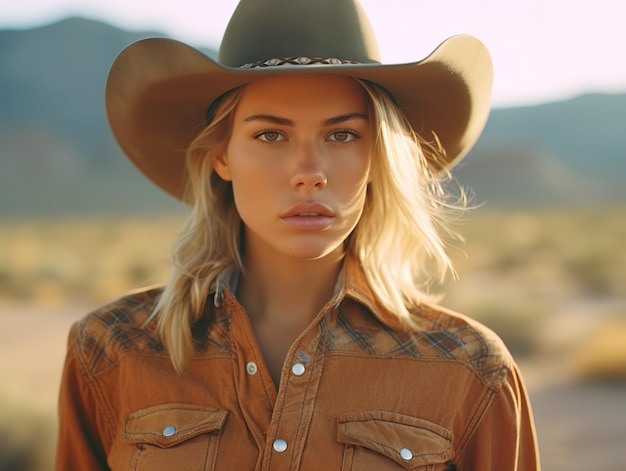 Kobieta wygenerowana przez sztuczną inteligencję z blond włosami nosząca kowbojski kapelusz i stojąca na polu