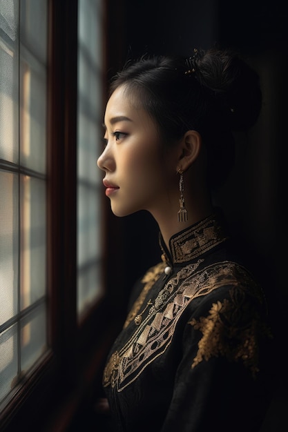Kobieta wygląda przez okno w chińskiej sukience.