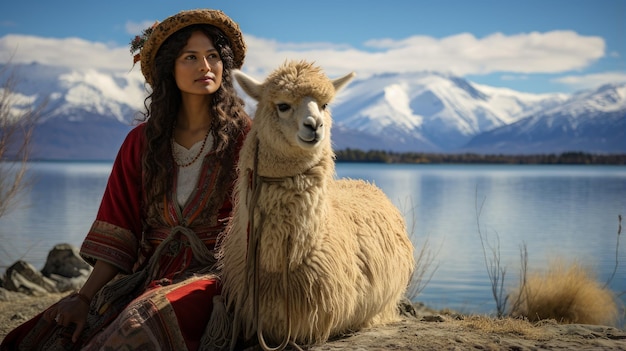 kobieta z alpaką w Andach w Ameryce Południowej
