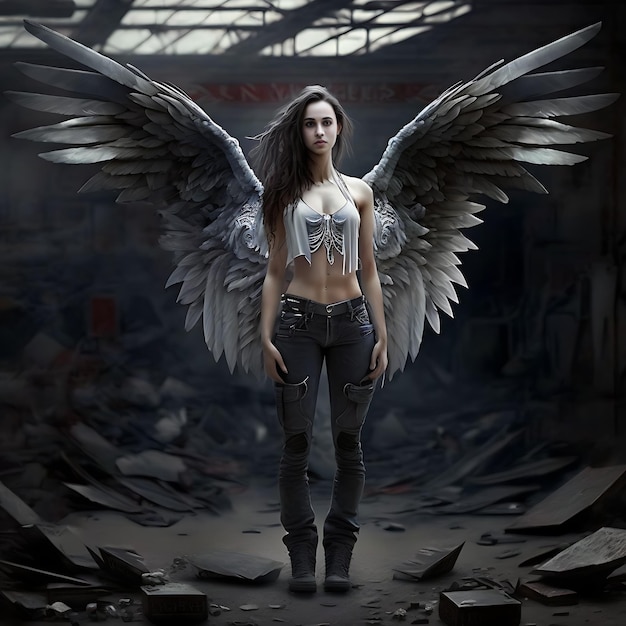 Kobieta z anielskimi skrzydłami stoi w ciemnym pokoju.