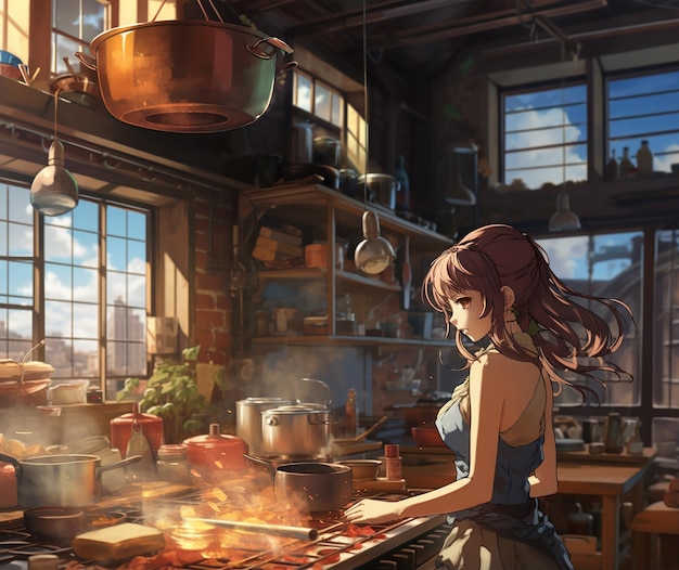 Kobieta z anime gotująca w kuchni z kuchenką i zlewem