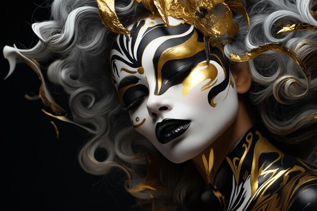 Kobieta z białą i złotą maską i srebrnymi włosami Generatywna AI