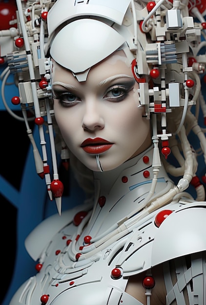 kobieta z białą twarzą i czerwonymi ustami jest pokazana z białym robotem na plecach