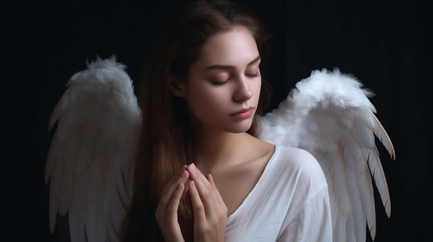 Zdjęcie kobieta z białymi anielskimi skrzydłami na głowie