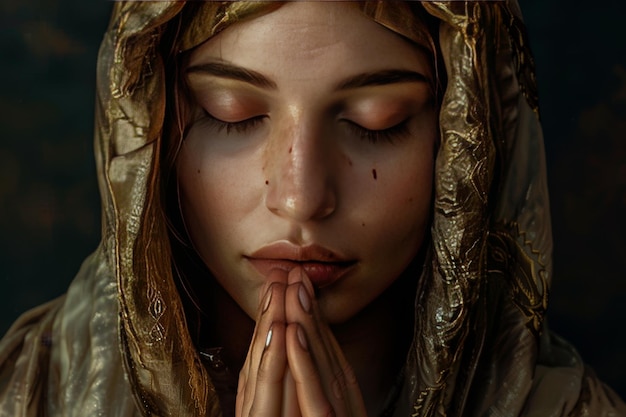 Kobieta z brodą i zmarszczkami modli się.