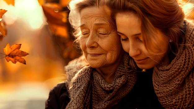 Zdjęcie kobieta z chustką na szyi przytula starszą kobietę matkę i córkę