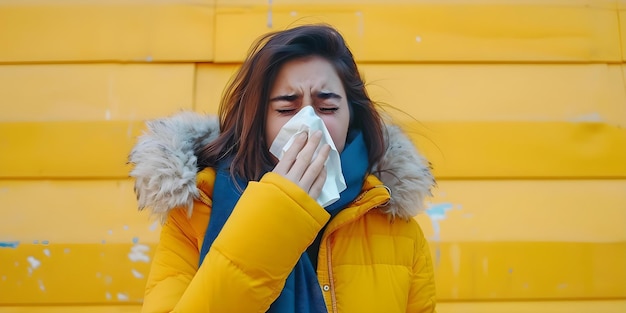 Kobieta z ciekłym nosem kicha do tkanki podczas walki z alergią lub objawami przeziębienia w trudnych porach roku Koncepcja Objawy alergii w porze roku zimnego Ciekły nos kicha portret kobiety