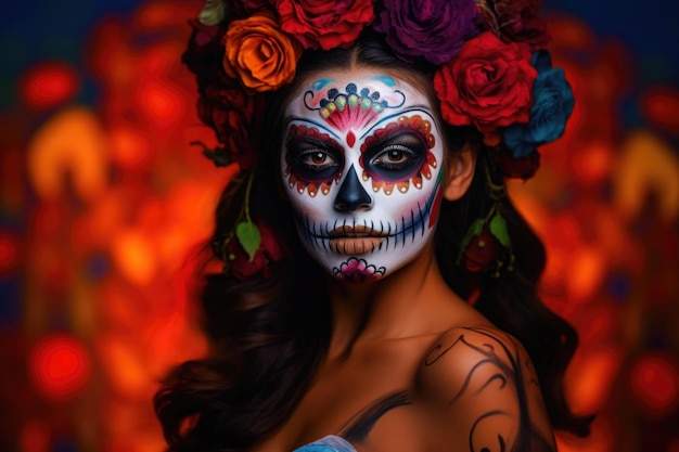 Kobieta z cukrową czaszką tworzy dzień zmarłych Dia de los muertos