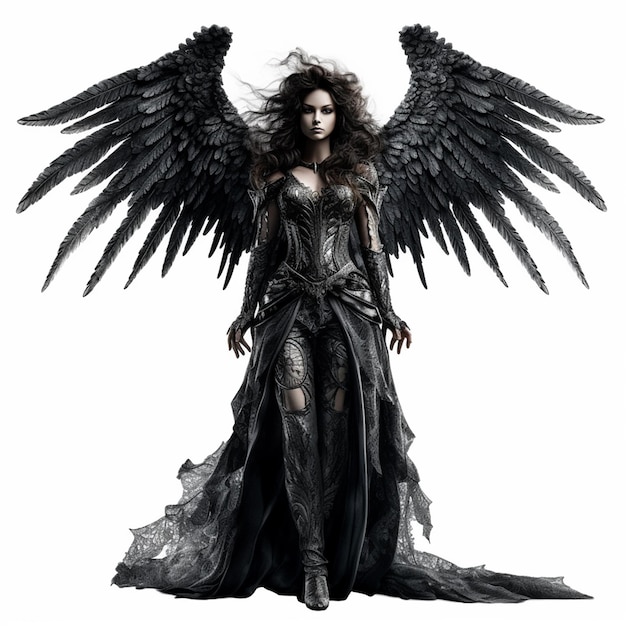 Kobieta z czarnymi skrzydłami stoi na białym tle.