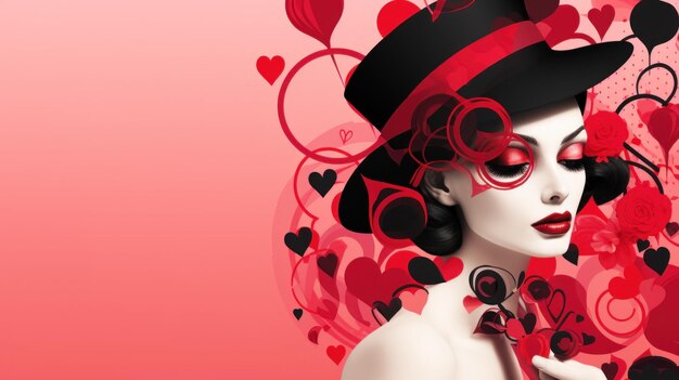 Kobieta z czerwoną szminką i kapeluszem jest otoczona sercami.