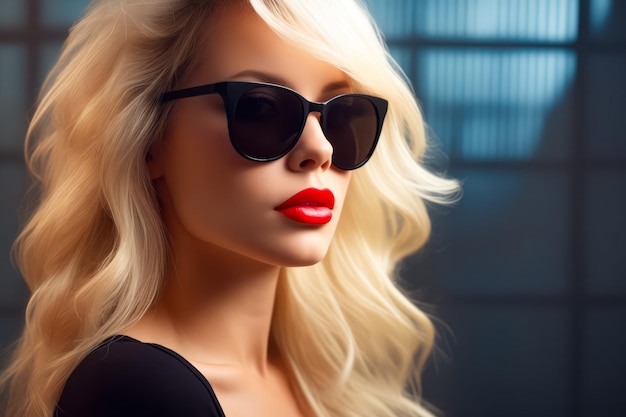 Zdjęcie kobieta z czerwoną szminką i okularami przeciwsłonecznymi na twarzy