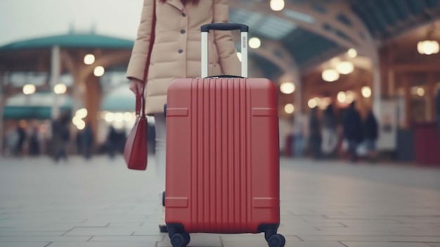 Kobieta z czerwoną walizką przechodzi przez terminal.