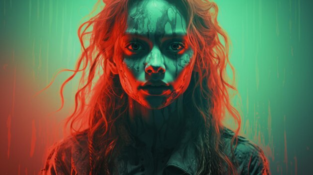kobieta z czerwono-zielonym makijażem na twarzy