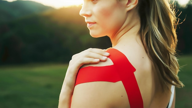 Kobieta z czerwonym bandażem na ramieniu