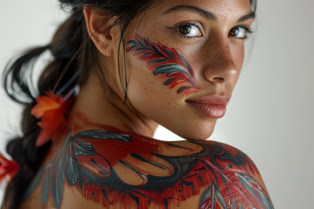 Kobieta z czerwonym i czarnym tatuażem na plecach pozuje na zdjęcie