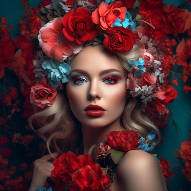 Kobieta z czerwonym i niebieskim makijażem i kwiatową koroną kwiatów.