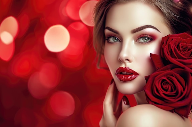 Kobieta z czerwonym makijażem trzymająca różę