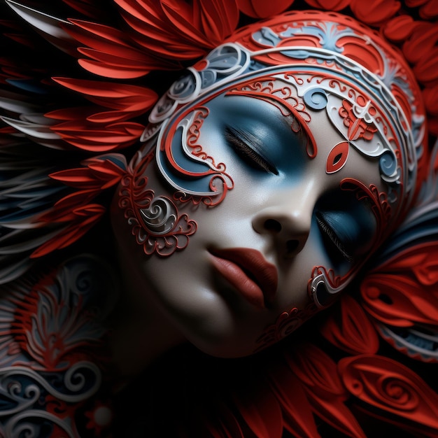 Zdjęcie kobieta z czerwonymi i niebieskimi piórami na twarzy