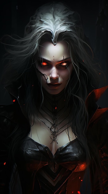 Kobieta z czerwonymi oczami i czarną maską jest otoczona łańcuchami.