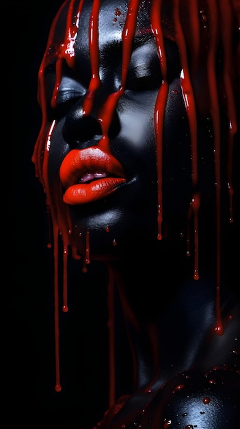Kobieta z czerwonymi oczami i krwią spływającą po twarzy.