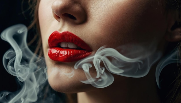 Zdjęcie kobieta z czerwonymi ustami blisko w dymie papierosów