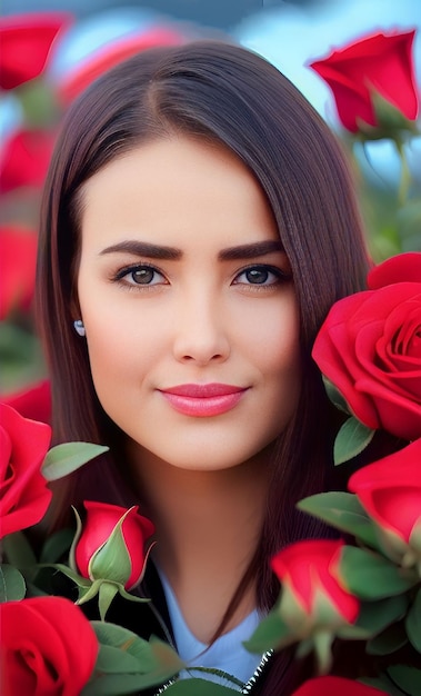 Kobieta z czerwonymi ustami i bukietem róż