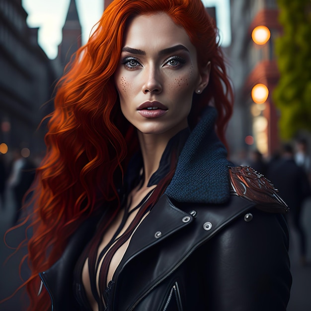 Kobieta z czerwonymi włosami i czarną kurtką z piegiami