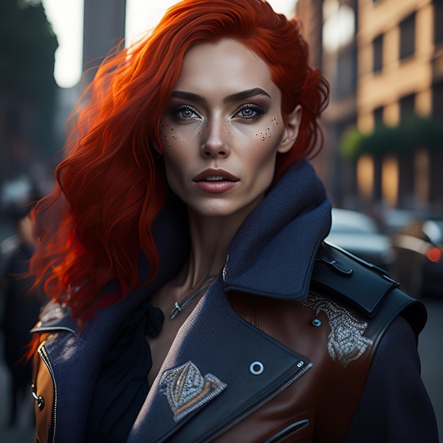 Kobieta z czerwonymi włosami i niebieskimi oczami stoi na ulicy.