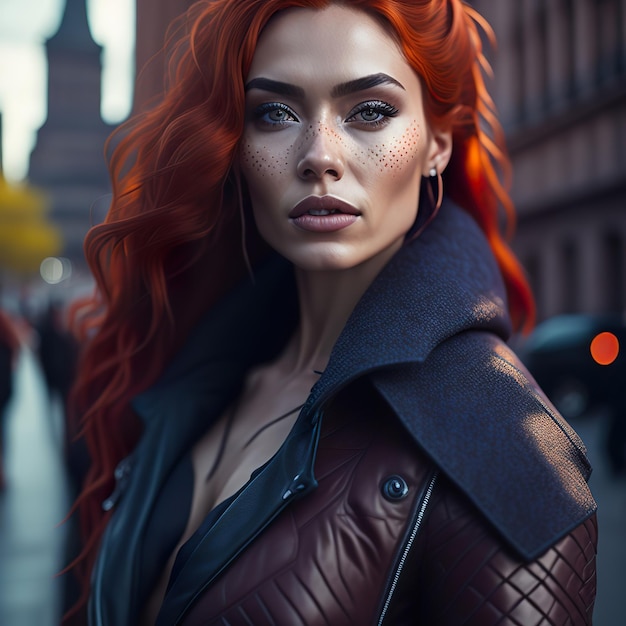 Kobieta z czerwonymi włosami i niebieskimi oczami stoi na ulicy.