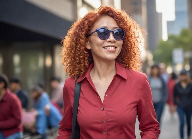 Kobieta z czerwonymi włosami i okularami słonecznymi idzie ulicą.