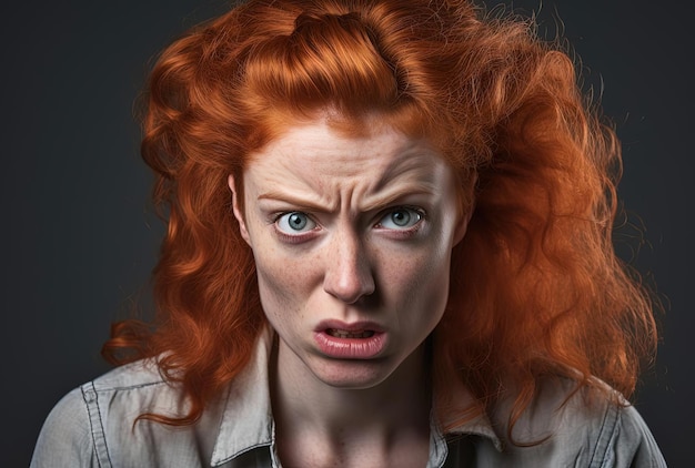 kobieta z czerwonymi włosami i szalonym wyglądem w stylu satyrycznego humoru