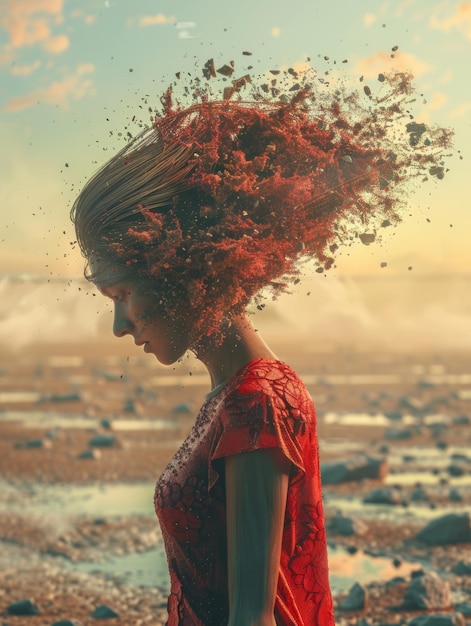 Kobieta z czerwonymi włosami jest pokryta brudem i ma plamę farby.