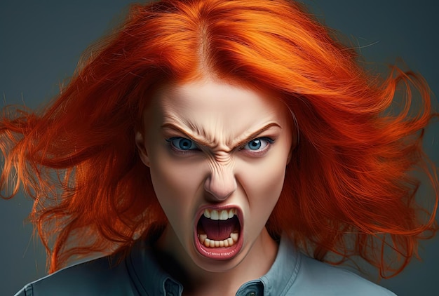 kobieta z czerwonymi włosami robi gniewną twarz w stylu redukcjonistycznej formy