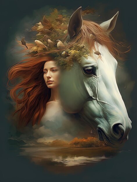 Kobieta z czerwonymi włosami stoi obok konia.