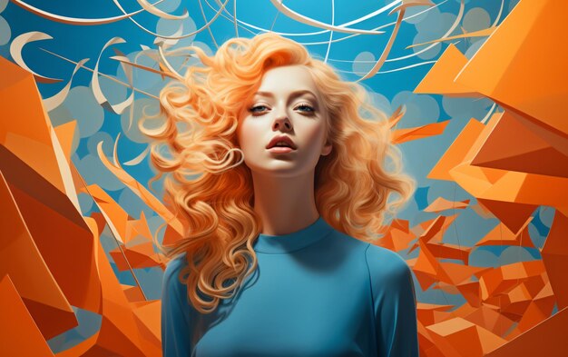 Kobieta z czerwonymi włosami stoi przed kolorowym abstrakcyjnym obrazem.
