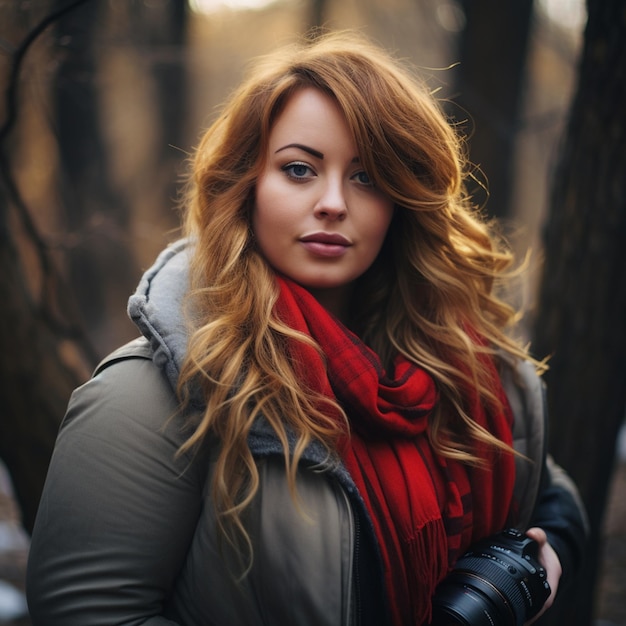 Zdjęcie kobieta z czerwonymi włosami stoi w lesie.