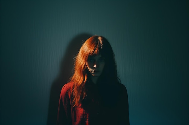 Kobieta z czerwonymi włosami stojąca przed ciemną ścianą