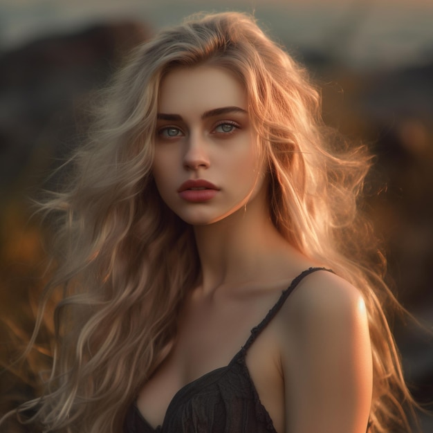 Kobieta z długimi blond włosami i czarnym topem stoi przed zachodem słońca.