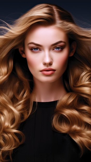 Kobieta z długimi blond włosami i niebieskimi oczami, błyszczący kolor, nieodparte włosy, doskonałość.