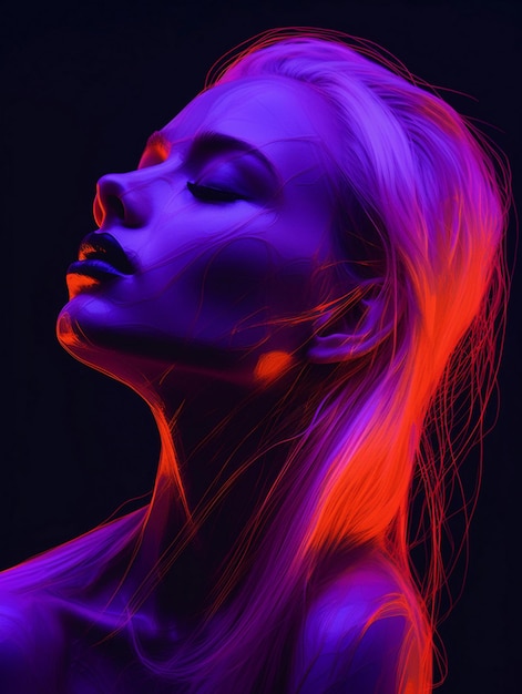Kobieta z długimi blond włosami i niebiesko-czerwonym światłem.
