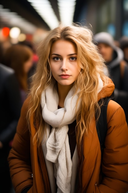 Kobieta z długimi blond włosami nosząca szalik i kurtkę Generatywna sztuczna inteligencja