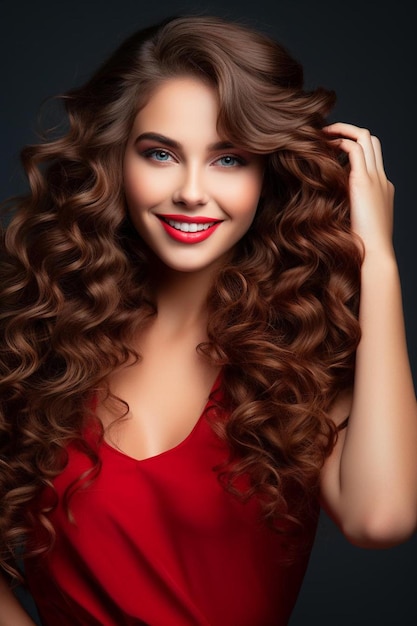 Kobieta z długimi kręconymi włosami i czerwoną sukienką.