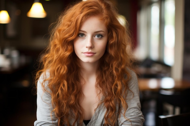 kobieta z długimi rudymi włosami siedząca przy stole
