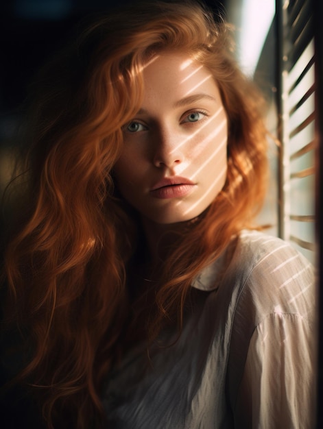 Kobieta z długimi rudymi włosami stojąca przed oknem