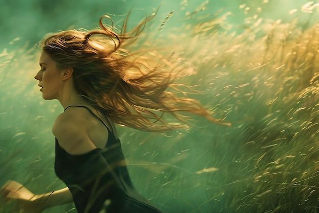 Kobieta z długimi włosami biegnie przez pole z wysoką trawą