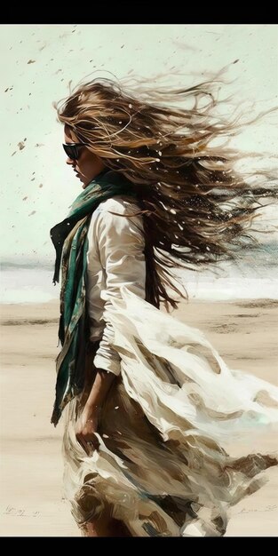 Kobieta z długimi włosami chodzi po plaży.