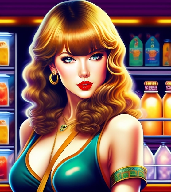Kobieta z długimi włosami i niebieskim topem stoi przed lodówką z napojami.