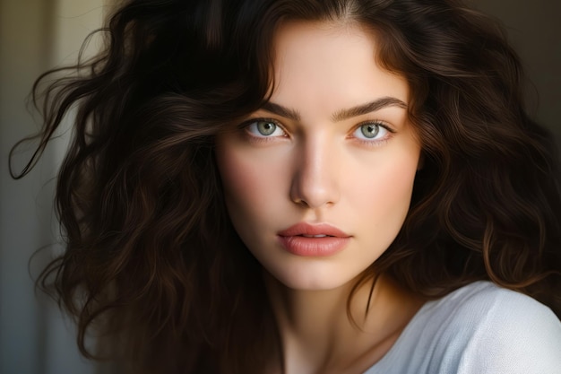 Kobieta z długimi włosami i niebieskimi oczami pozuje na zdjęcie Generatywna sztuczna inteligencja