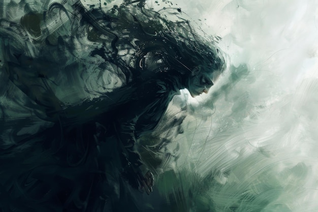 Zdjęcie kobieta z długimi włosami jest przedstawiona w ciemnej, wściekłej atmosferze