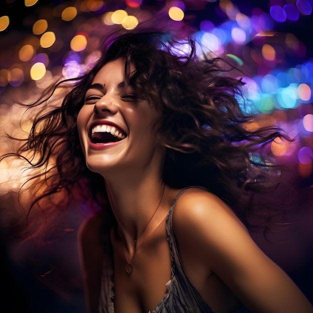 Kobieta z długimi włosami śmieje się i ma kolorowe światło w tle.
